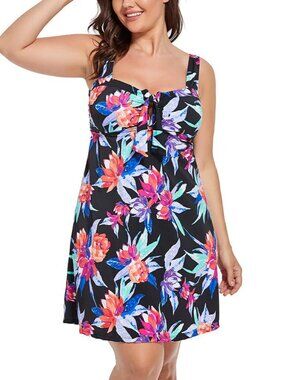 FULLFITALL Red Rhythm Draped Swimdress | Shelf Bra Support | Size 22 | NWT